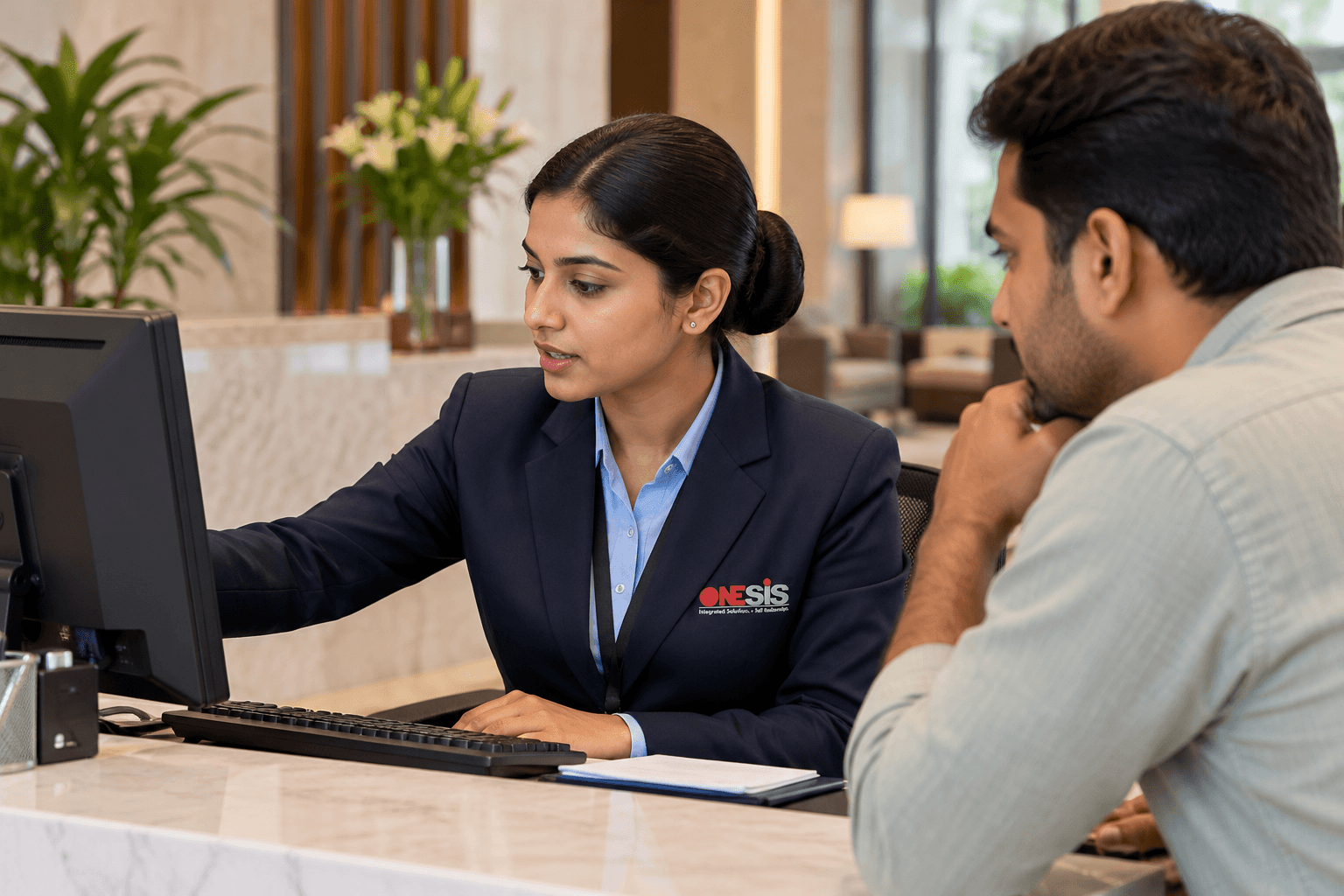 Receptionist assisting a visitor